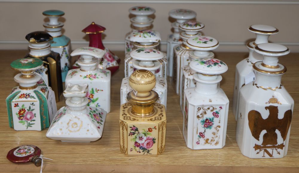 Sixteen 19th century French porcelain scent bottles and a small flask (17)